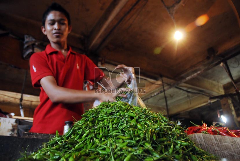   Pedagang mengemasi cabai-cabai yang dibeli pelanggannya di Pasar Senen, Jakarta, Rabu (13/3).   (Republika/Aditya Pradana Putra)