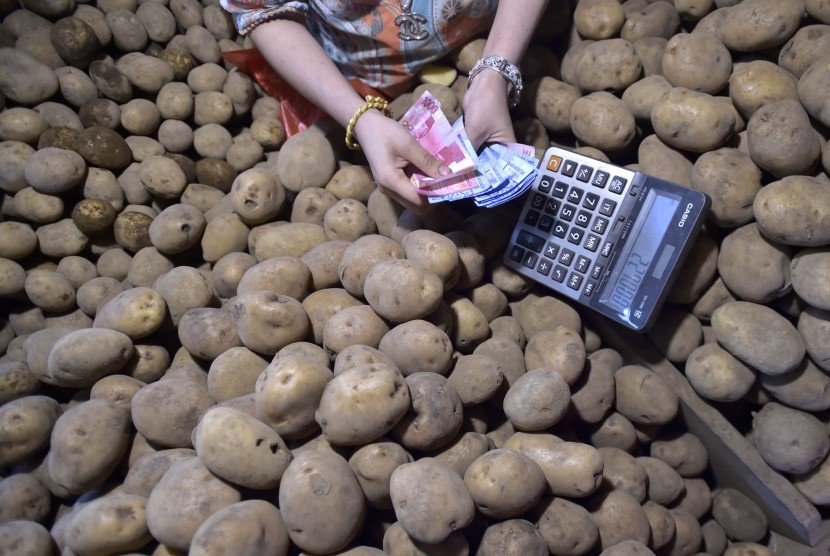 Pedagang menghitung uang konsumen yang membeli kentang lokal asal Dieng di Jakarta, Jumat (9/12). 