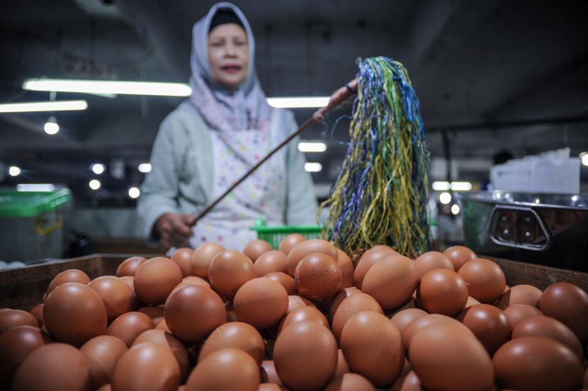 Pedagang mengusir lalat dari telur dagangannya di Pasar Kosambi, Bandung, Jawa Barat, Kamis (2/6/2022). Memasuki awal Juni 2022 harga telur di Kota Bandung melonjak menjadi Rp30 ribu per kilogram yang disebabkan harga pakan yang mahal di kalangan peternak.
