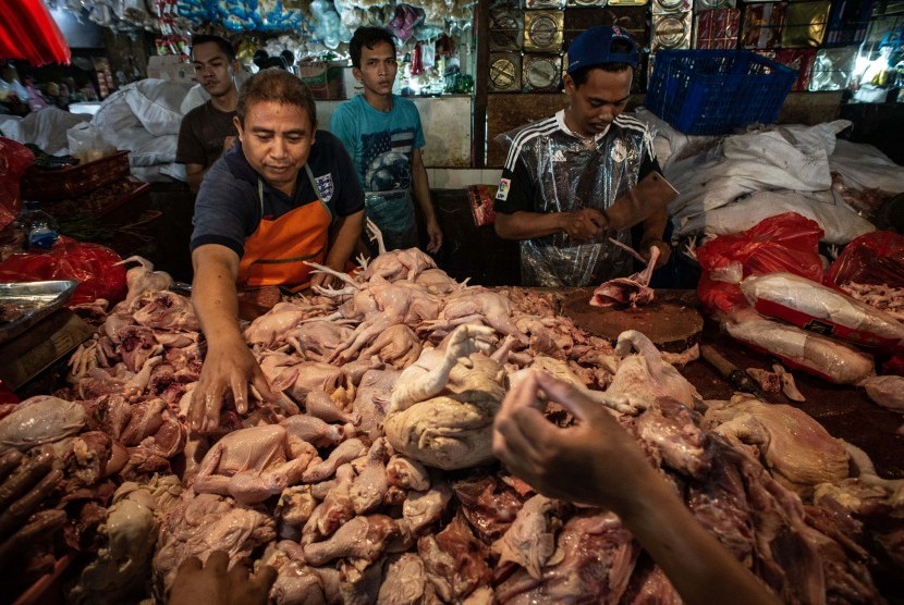 Pedagang menjual daging ayam di pasar.