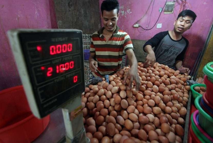 Pedagang merapikan telur ayam dagangannya di Pasar Cibinong, Bogor, Jawa Barat, Kamis (27/9). 