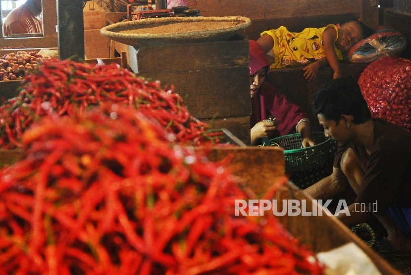  Pedagang sedang memiliah cabai rawit merah di pasar tradisional, Jakarta, Senin (2\1). 