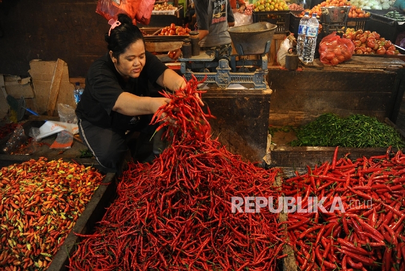 Pedagang sedang mengatur dagangan cabai merah keriting di salah satu pasar tradisional.