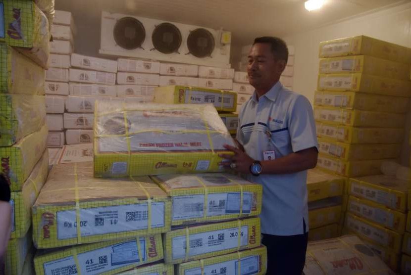 Pegawai Perum Bulog menata daging beku di gudang Bulog.  Perum Bulog Rejang Lebong yang membawahi tiga kabupaten di Provinsi Bengkulu, menyebutkan permintaan daging beku yang dijual di wilayah itu terus meningkat.