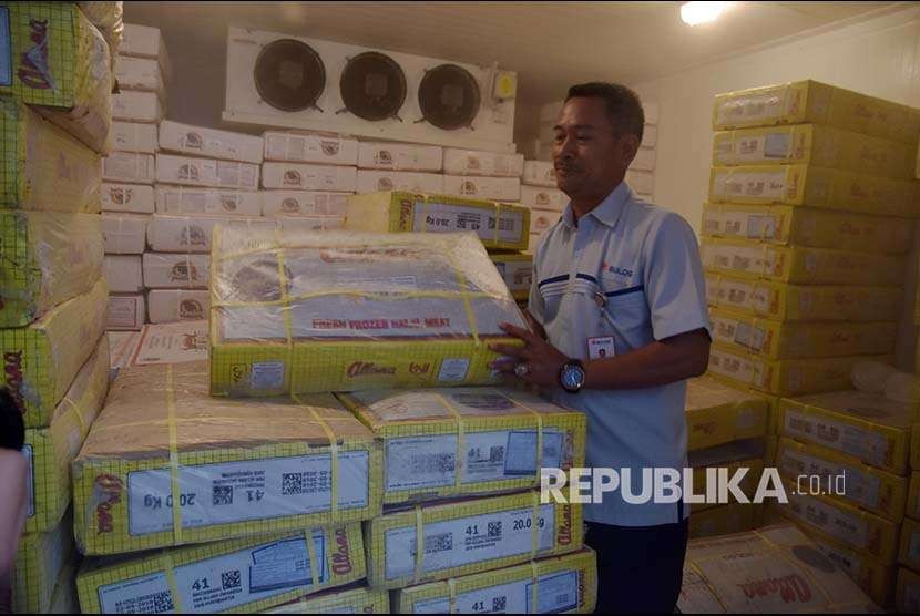 Pegawai Perum Bulog Divre Riau-Kepri menata daging beku di gudang Bulog di Kota Pekanbaru, Rabu (26/9). Bulog mendatangkan hingga 100 ton daging kerbau beku asal India, untuk menambah stok 43 ton daging yang ada.