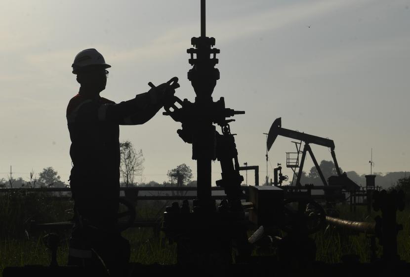 Pekerja melakukan pengecekan pompa angguk yang beroperasi di Lapangan Duri, yang merupakan salah satu lapangan injeksi uap terbesar di dunia di Blok Rokan, Riau, Jumat (19/8/2022). 