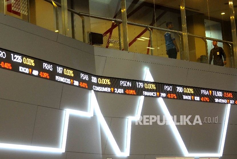 Pekerja melintas didekat layar pergerakan Indeks Harga Saham Gabungan (IHSG) di Gedung Bursa Efek Indonesia (BEI), Jakarta. ilustrasi