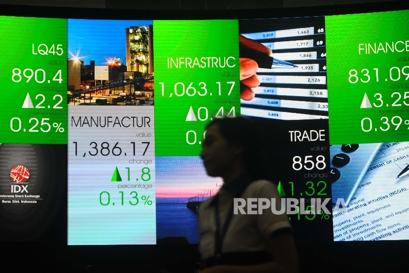 Pekerja melintas didekat layar pergerakan Indeks harga Saham gabungan (IHSG), Gedung Bursa Efek Indonesia, Jakarta, Selasa (21/2). IHSG dibuka langsung naik empat poin menjadi 5.363,6 dari 5.359,2 pada penutupan pada Senin (20/2) kemarin. 