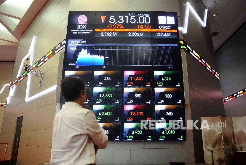  Pekerja memantau pergerakan Indeks Harga Saham Gabungan (IHSG) di Gedung Bursa Efek Indonesia (BEI), Jakarta, Jumat (4/11). 