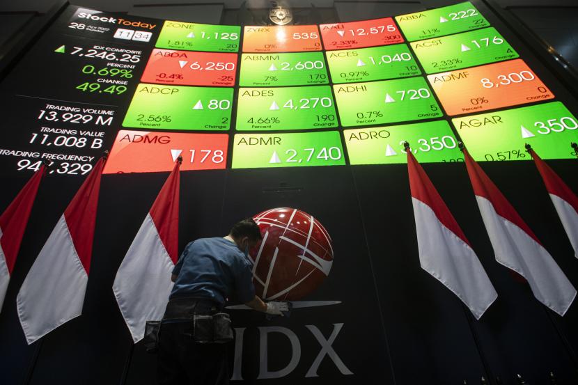 Pekerja membersihkan logo IDX di bawah layar pergerakan indeks harga saham gabungan (IHSG) di Bursa Efek Indonesia, Jakarta, Kamis (28/4/2022). IHSG menguat terbatas ke level 6.934,09.