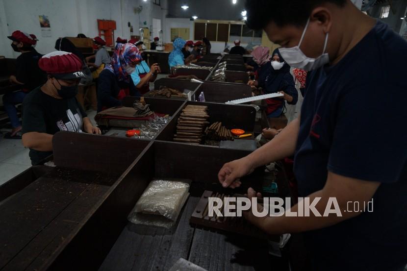 Pekerja memproduksi cerutu di pabrik cerutu di Baciro, Yogyakarta. 