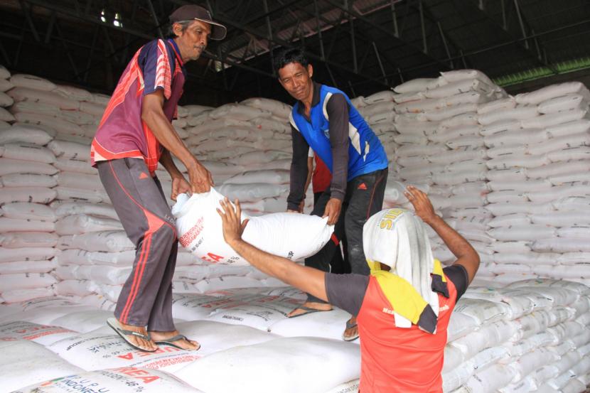 Pekerja menata pupuk urea di dalam gudang persediaan pupuk Desa Blang Sapek, Kecamatan Suka Makmur, Nagan Raya, Aceh, Kamis (10/9/2020). Direktur Utama PT Pupuk Indonesia Bakir Pasaman mengatakan produksi pupuk dalam lima terakhir atau sejak 2015 hingga 2019 mengalami peningkatan. 