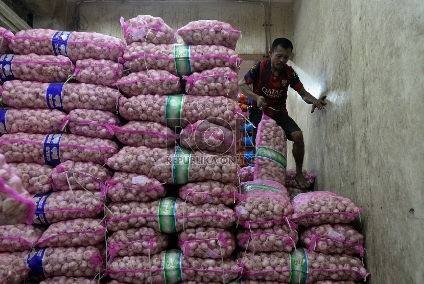  Pekerja menata tumpukan bawang putih impor di Pasar Induk Kramat Jati ,Jakarta, Kamis (5/3).