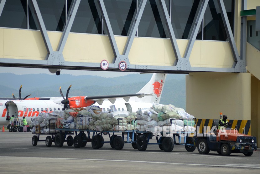 Pekerja mengangkut kargo muatan udara dengan kereta barang di bandara. Ilustrasi