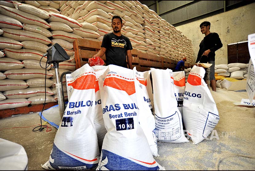 Workers is packing rice absorbed by the government from the farmers at Bulog warehouse, Serang, Banten. 