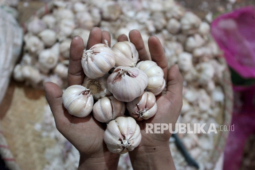 Pekerja mengupas bawang merah di Pasar Induk Kramat Jati, Jakarta, Senin (8/5). Pemerintah akan melakukan impor bawang merah dan bawang putih pada pekan depan.