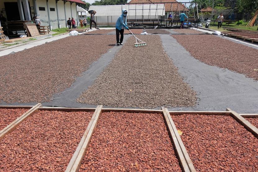 Pekerja menjemur biji kakao yang sudah difermentasi di Koperasi Kakao Kerta Semaya Samaniya, Desa Nusasari, Jembrana, Bali, Jumat (26/8/2022). Kementerian Perindustrian (Kemenperin) terus berupaya meningkatkan kinerja industri pengolahan kakao di Indonesia agar lebih produktif dan berdaya saing global.