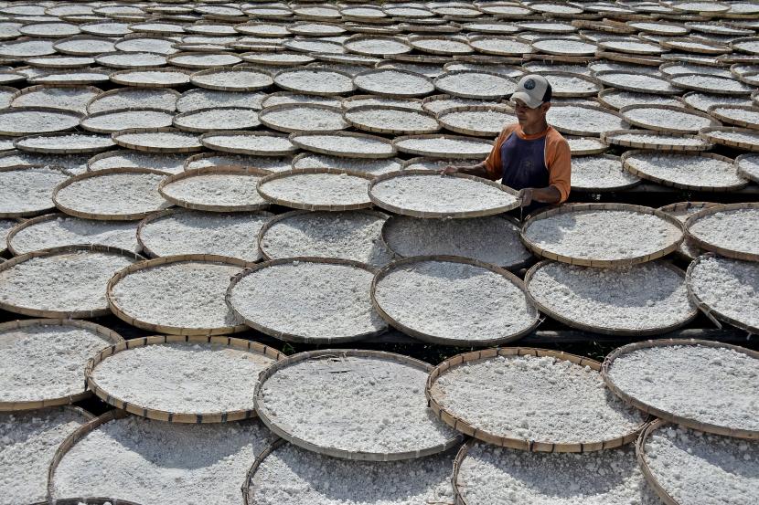 Pekerja menjemur tepung tapioka berbahan dasar singkong di Malangbong, Kabupaten Garut, Jawa Barat.