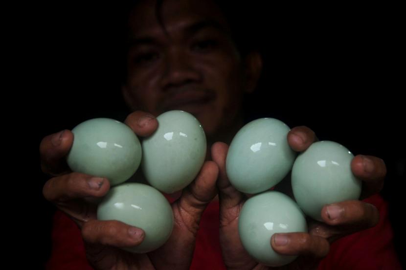 Pekerja menunjukkan telur asin rebus di industri rumahan telur asin di Brebes, Jawa Tengah. (Ilustrasi)