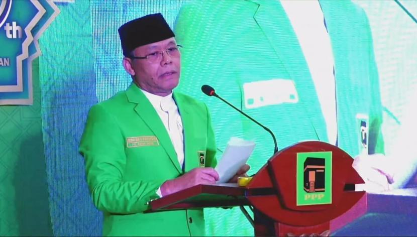 Pelaksana tugas (Plt) Ketua Umum PPP, Muhammad Mardiono dalam pidato perayaan Harlah ke-50 PPP di Kantor DPP PPP, Jakarta, Kamis (5/1).