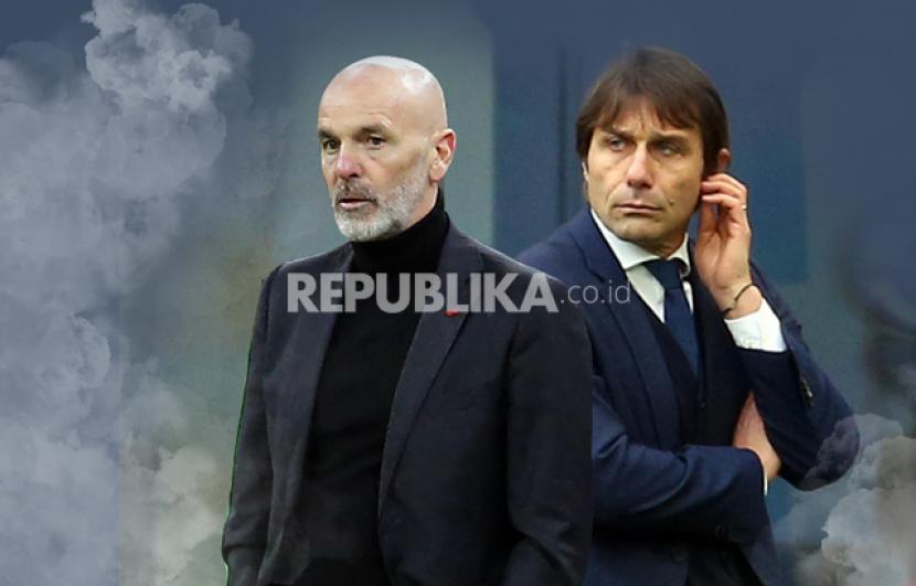 Pelatih AC Milan Stefano Pioli (kiri) dan pelatih Inter Milan Antonio Conte akan beradu taktik di Coppa Italia.