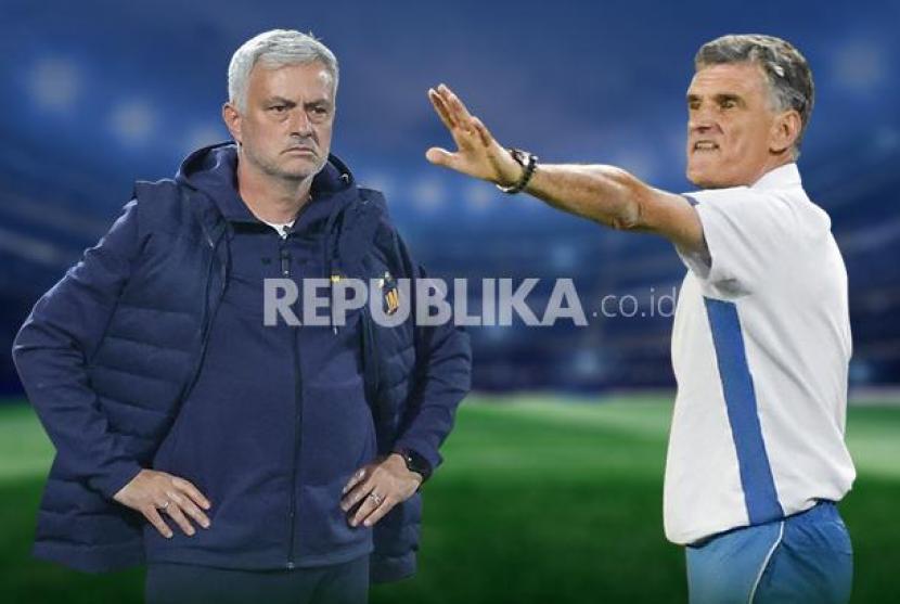 Pelatih AS Roma Jose Mourinho vs pelatih Sevilla Jose Luis Mendilibar (kanan).