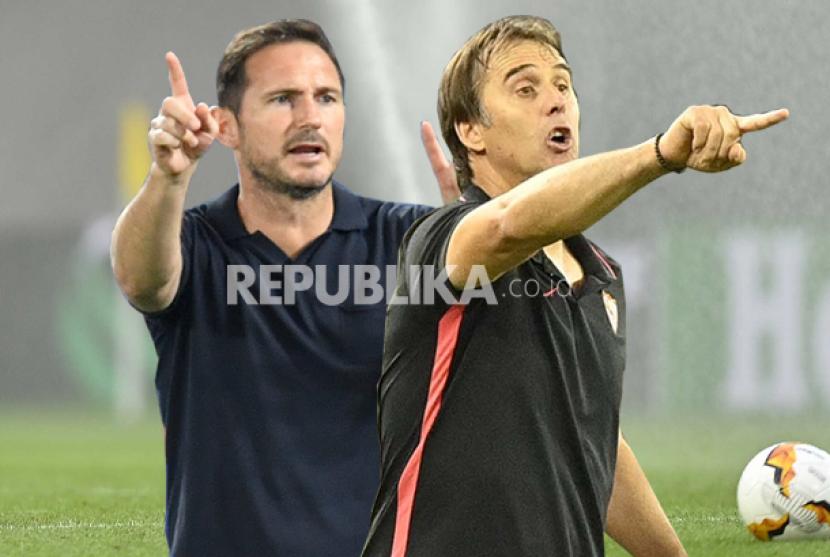 Pelatih Chelsea Frank Lampard (kiri) akan beradu taktik dengan pelatih Sevilla Julen Lopetegui dalam pertandingan Grup E Liga Champions.