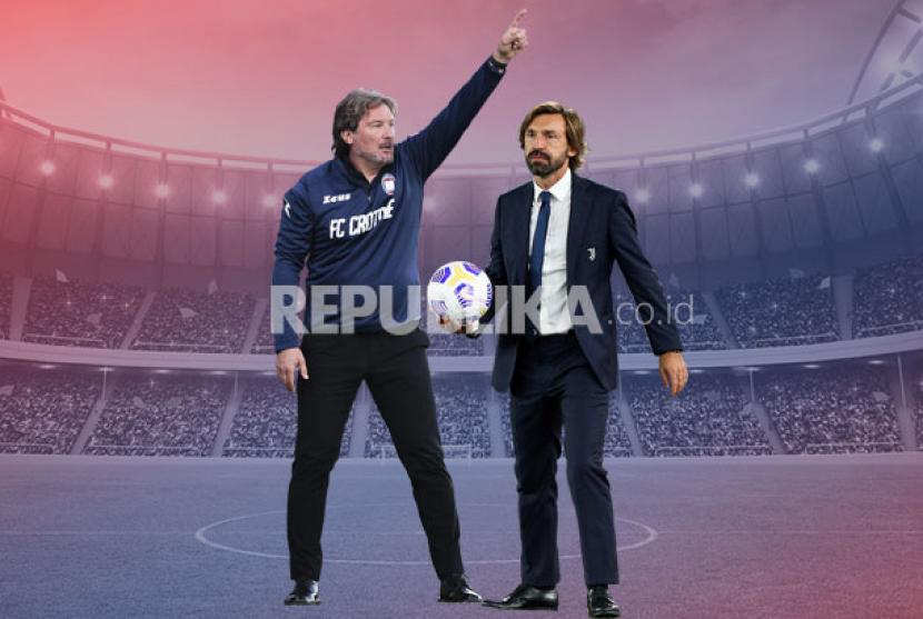 Pelatih Crotone Giovanni Stroppa (kiri) akan beradu taktik dengan pelatih Juventus Andrea Pirlo.