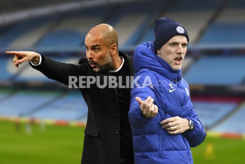 Pelatih Manchester City Pep Guardiola (kiri) dan pelatih Chelsea Thomas Tuchel beradu taktik pada pertandingan ke-35 Liga Primer Inggris di Stadion Etihad, Sabtu (8/5).