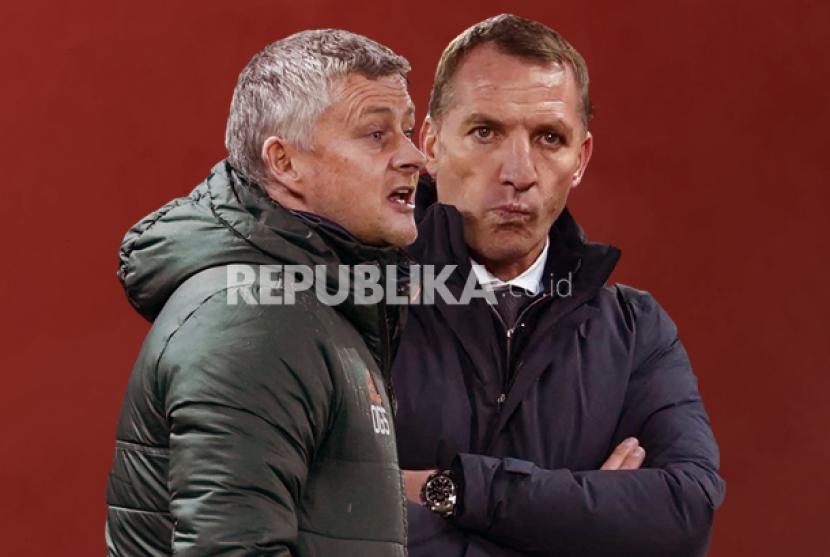 Pelatih  Manchester United (MU) Ole Gunnar Solskjaer (kiri) dan pelatih Leicester City Brendan Rodgers Rodgers.