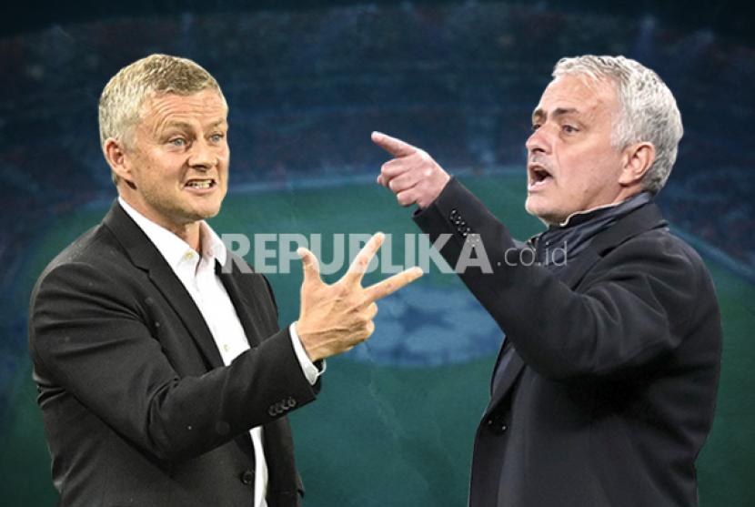 Pelatih Manchester United Ole Gunnar Solskjaer (kiri) dan mantan pelatih MU Jose Mourinho.