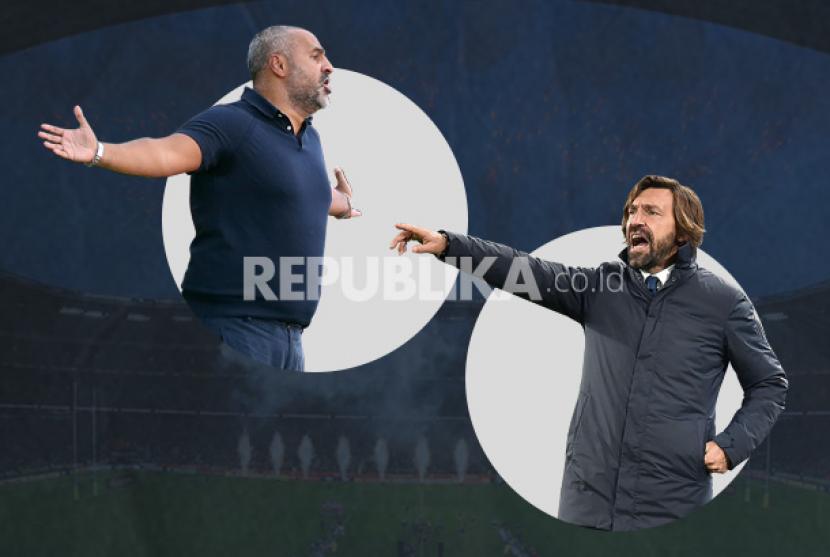 Pelatih Parma Fabio Liverani (kiri) bertarung strategi dengan pelatih Juventus Andrea Pirlo.