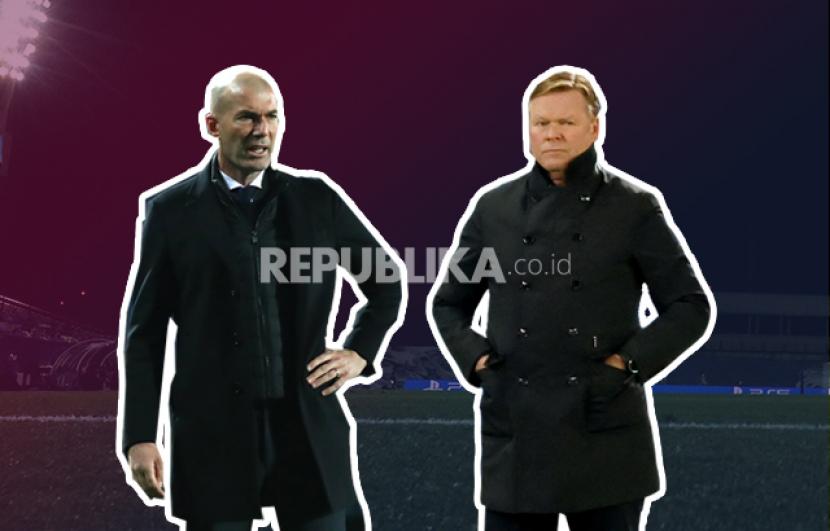 Pelatih Real Madrid Zinedine Zidane (kiri) akan beradu strategi dengan pelatih Barcelona Ronald Koeman dalam duel el Clasico.