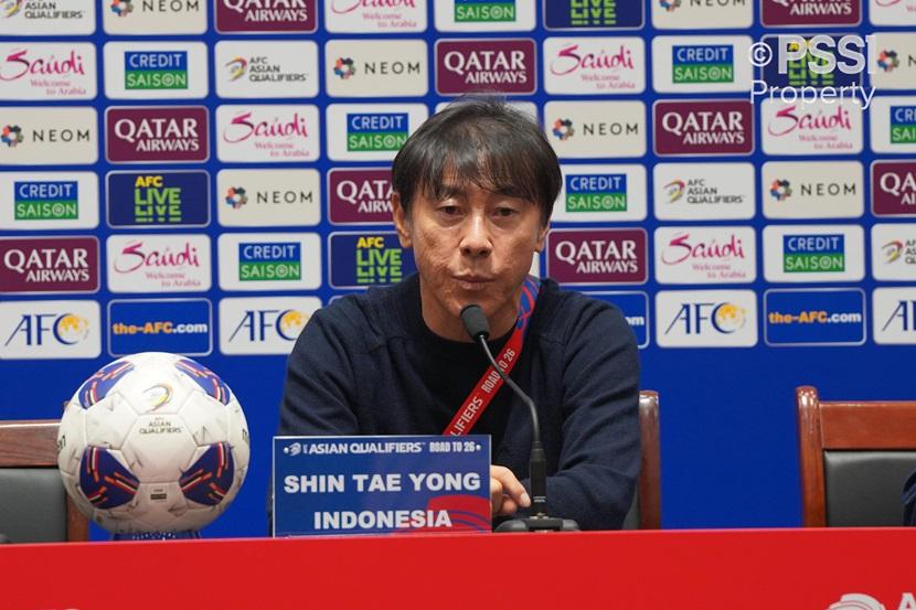 Indonesian national team coach Shin Tae-yong during a press conference after the China vs Indonesia match at Qingdao Youth Football Stadium, Tuesday (16/2024) evening WIB.