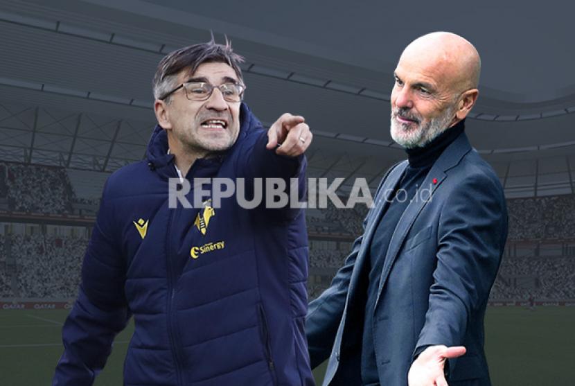 Pelatih Verona Ivan Juric (kiri) dan pelatih AC Milan Stefano Pioli.