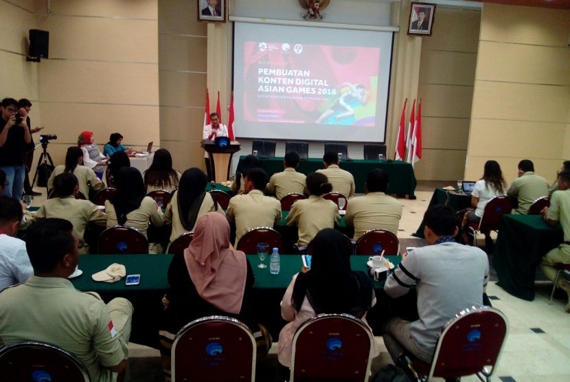 Pelatihan Penulisan Efektif Lewat Media Sosial dan Workshop bertajuk Pembuatan Konten Digital Asian Games 2018 di Gedung Serbaguna, Kementerian Komunikasi dan Infomatika, Jakarta, Kamis (23/11) petang.