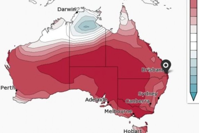 Peluang suhu maksimum di atas median di wilayah Australia selama Maret-Mei.