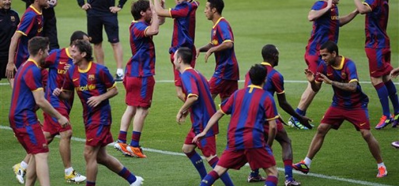 Pemain Barcelona menggelar latihan di Camp Nou sebelum terbang ke Inggris untuk laga final Liga Champions.