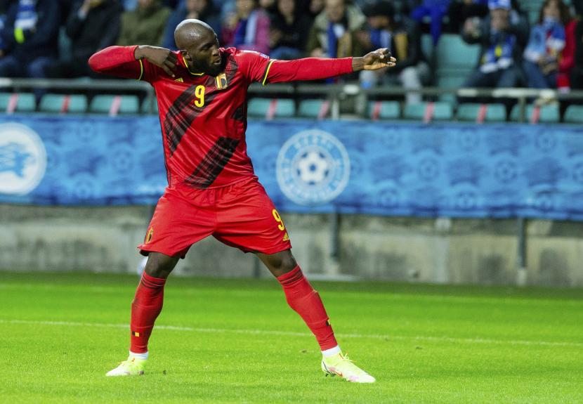 Striker timnas Belgia Romelu Lukaku bereaksi selama pertandingan sepak bola internasional. 