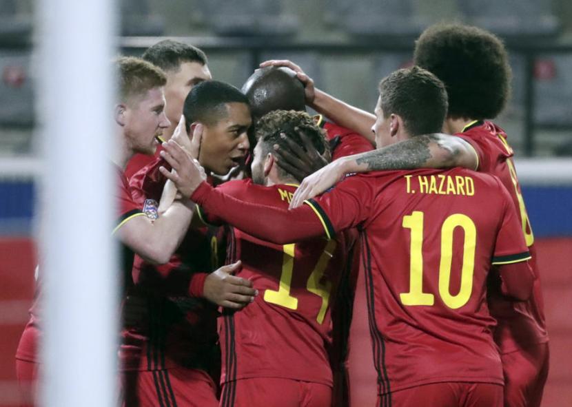 Pemain Belgia saat merayakan gol ke gawang Inggris
