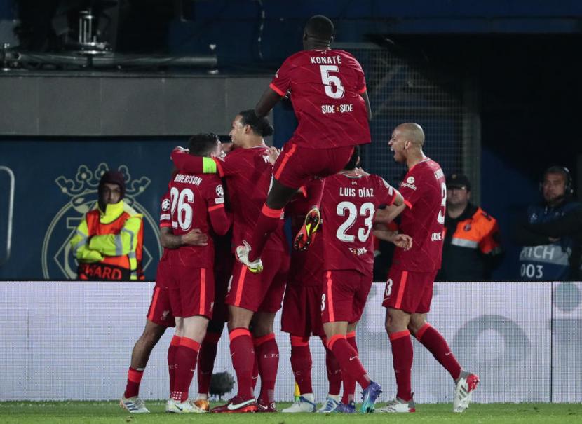 Pemain Liverpool merayakan gol ke gawang Villarreal, Rabu (4/5/20220) dini hari WIB.