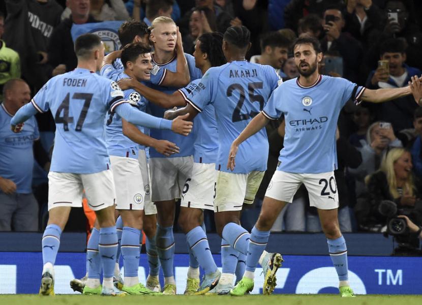 Pemain Manchester City merayakan gol Erling Haaland