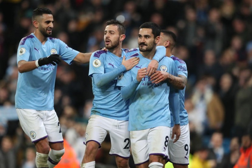 Pemain Manchester City rayakan gol ke gawang Leicester City(EPA EFE/ Jon Super)