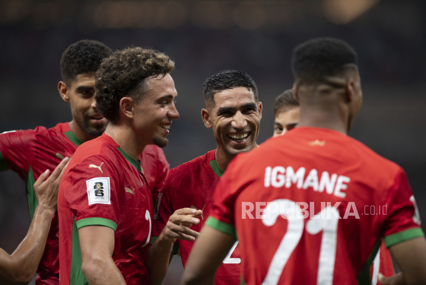 Pemain Maroko merayakan gol mereka ke gawang Niger selama pertandingan kualifikasi Piala Dunia Grup E di Stade Prince Moulay Abdallah di Rabat, Maroko, Jumat, 5 September 2025, waktu setempat..