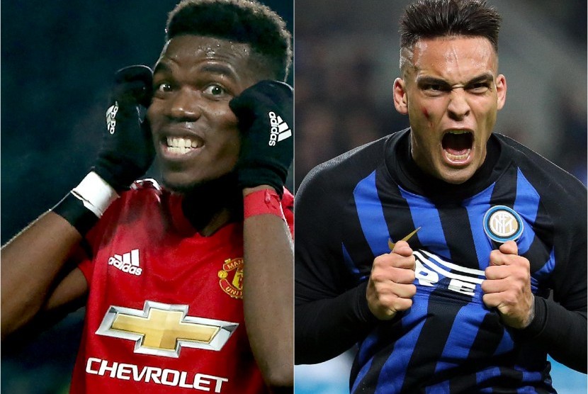 Pemain MU, Paul Pogba (kiri) dan penyerang Inter Milan, Lautaro Martinez (kanan)