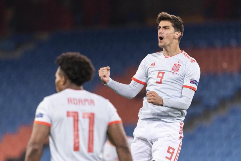 Pemain Spanyol Gerard Moreno merayakan golnya ke gawang Swiss pada laga UEFA Nations League.