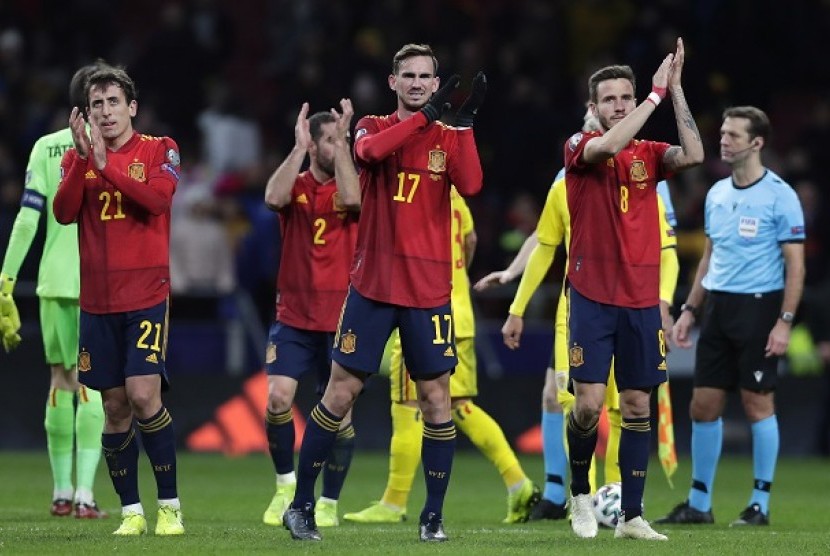 Pemain Spanyol usai kalahkan Rumania di pertandingan Kualifikasi Piala Eropa 2020.(AP)