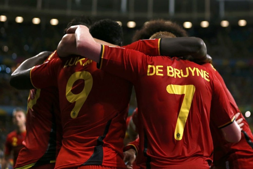 Pemain Timnas Belgia melakukan selebrasi usai menjebol gawang Amerika Serikat di laga babak 16 besar Piala Dunia 2014 Brasil di Arena Fonte Nova, Salvador, Selasa (1/7). 