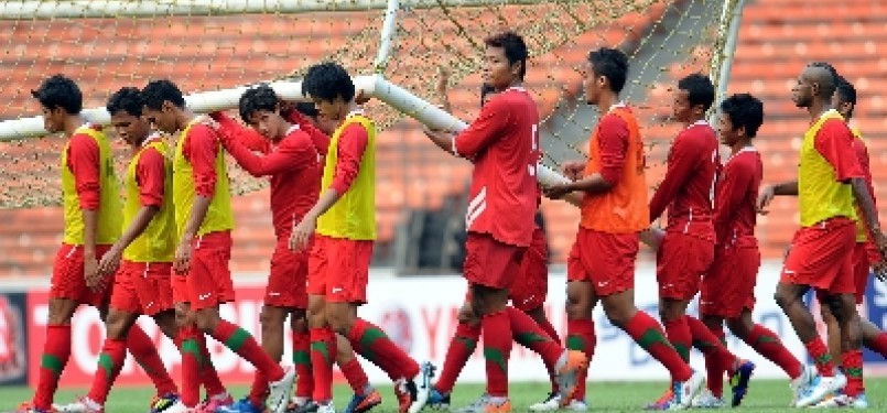 Pemain Timnas Indonesia saat melakukan latihan terakhir di Gelora Bung karno, Jakarta.