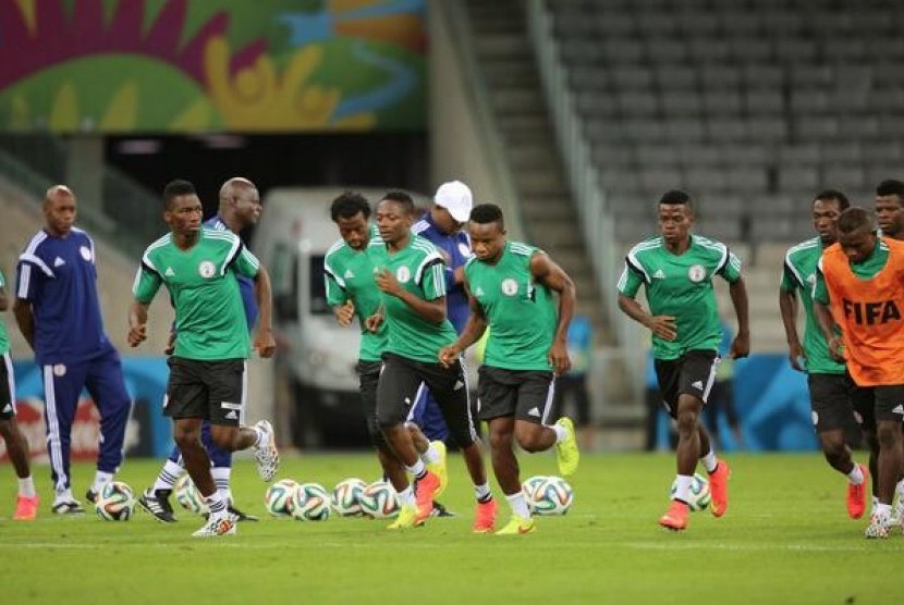 Pemain timnas Nigeria menjalani latihan menjelang laga melawan Iran.